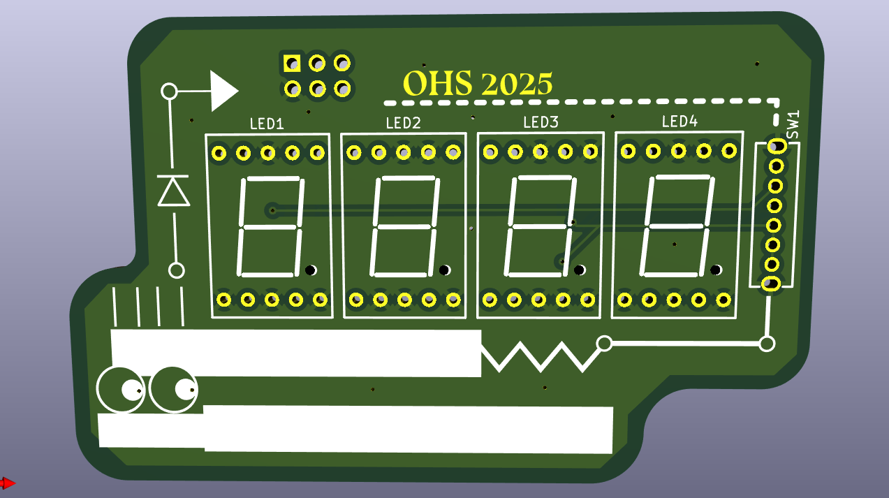 Seven-segment display board design preview in KiCAD, with graphics from OHS's styleguide. The 2x3 pin SAO header is in the top-left, with the four seven-segment displays in the center, and the switch on the right.