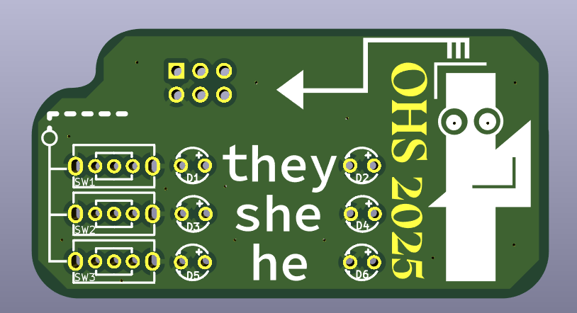 Simple LED board design preview in KiCAD, with graphics from OHS's styleguide. The 2x3 pin SAO header is in the top-left, with 3 two-pole switches each colinear with 2 slots for LEDs